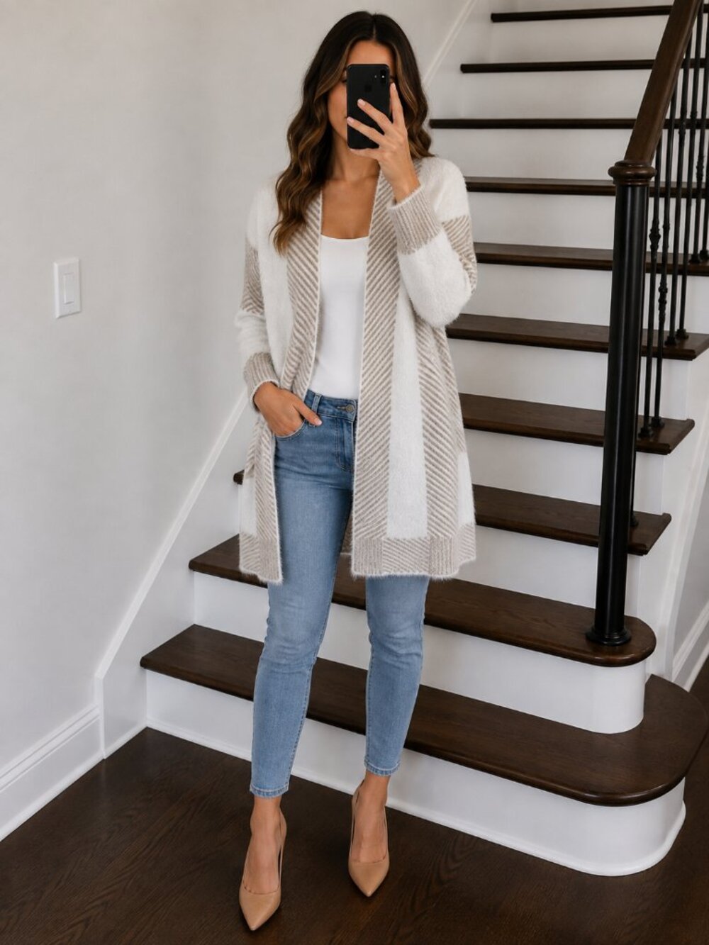 Beige & White Striped Fuzzy Cardigan